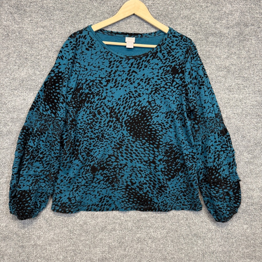 Chico's Sz 2 Large Top Blue Animal Print Velvet Burnout Puff Sleeve